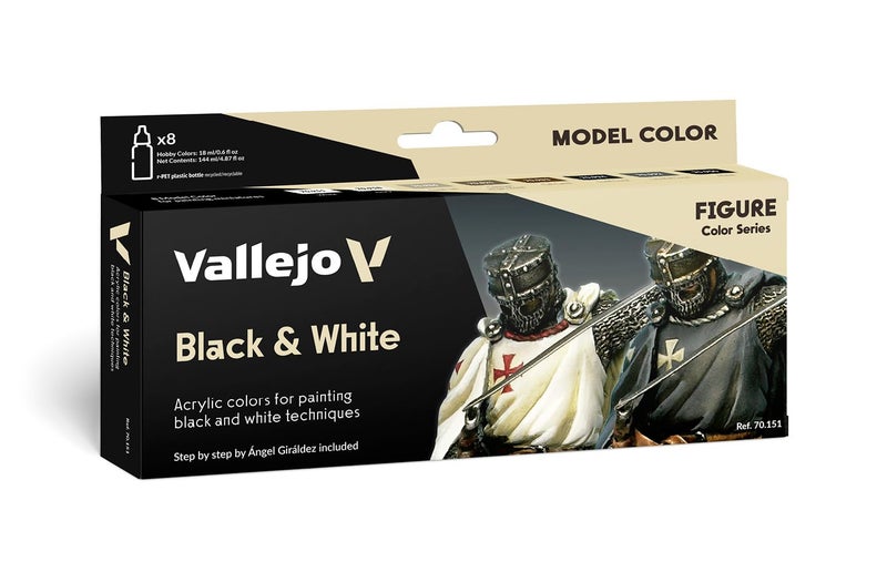 Vallejo - Black & White Acrylic Paint Set | Model Color | Figure Color Series Miniature Model Kit to Achieve Different Nuances with Artist-Grade Pigments | 8 Bottles x 18 ml. (0.60 fl.oz) - Image 1